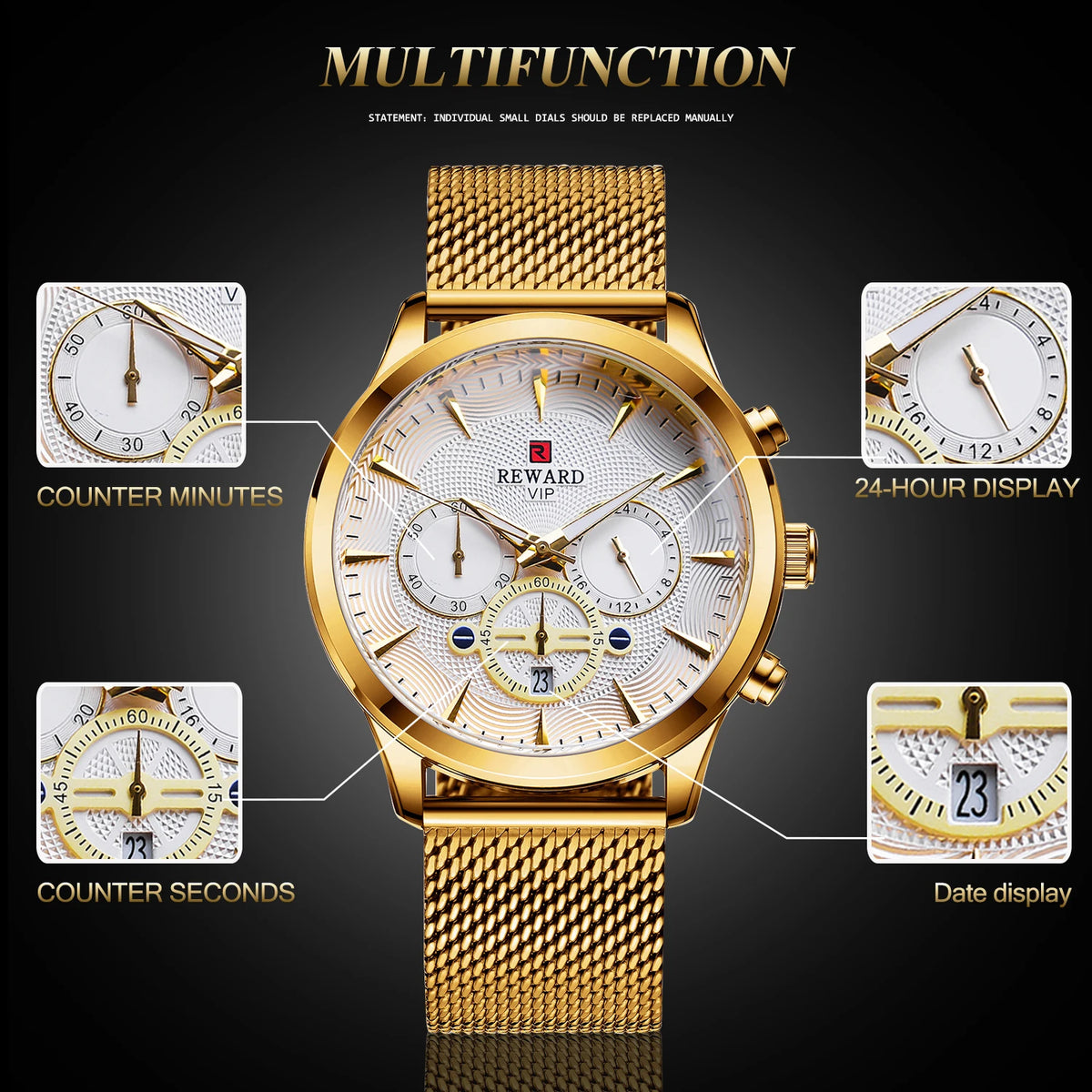 REWARD Business Watches Quartz Movement Fashion Men Gold Stainless Steel Watch Luxury Calendar Quartz Wrist Watch