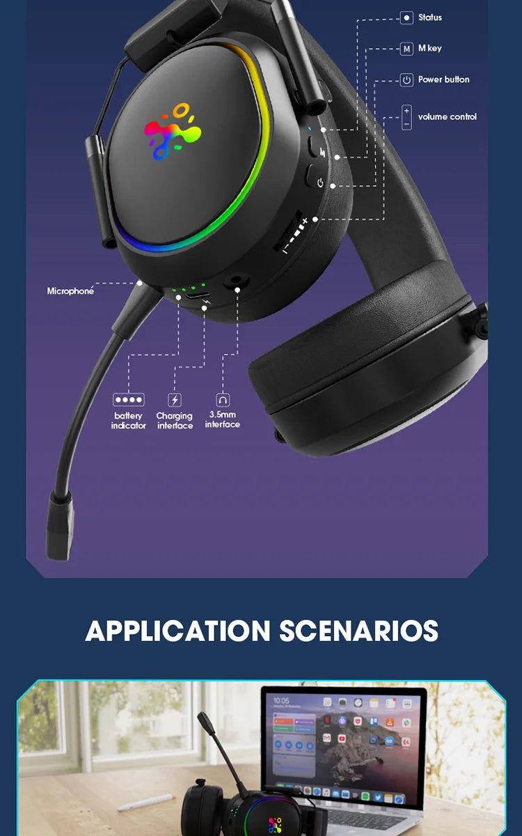 Auriculares gaming inalámbricos LDON para PS5 PS4, Bluetooth 2.4GHz, sonido envolvente 3D, micrófono con cancelación de ruido y baja latencia