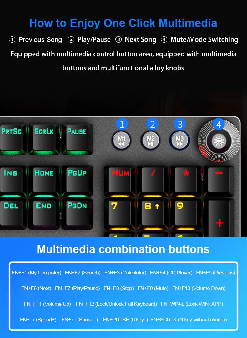 AULA F2088 mechanische kabelgebundene Gaming-Tastatur mit Multifunktions-Drehregler, 104 Tasten, magischer Hintergrundbeleuchtung und Makroprogrammierung für Computer