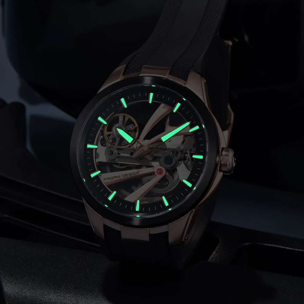 Pánske hodinky PAGANI DESIGN – Luxusný mechanický model s automatickým náťahom, priehľadný ciferník, zafírové sklo s antireflexnou úpravou, vodotesné, luminiscenčné ručičky – Tip na darček pre muža