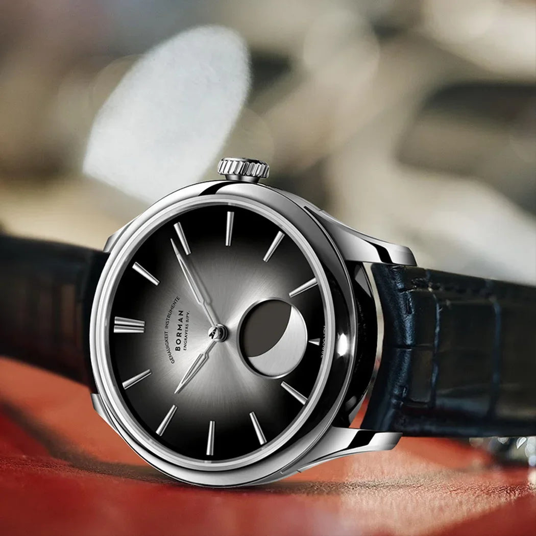 Borman Men's Automatic Watches, Luxury Moon Phase Mechanical Wristwatch, Fashionable 50M Waterproof with Sapphire Leather Strap