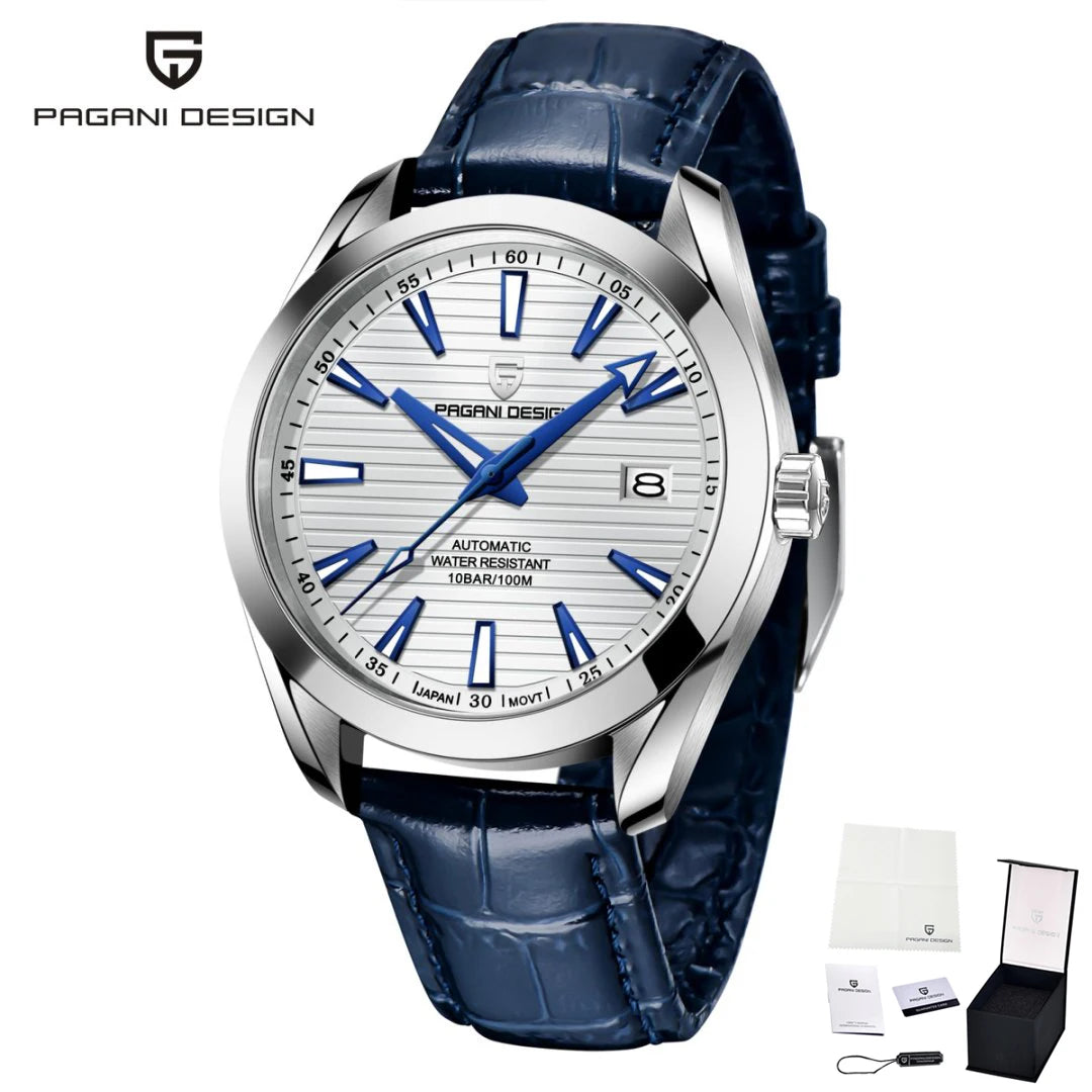 Luxusuhr für Herren von PAGANI DESIGN – Mechanisches Automatikmodell (Kaliber 8215), aus Edelstahl, wasserdicht, mit Datumsanzeige und leuchtenden Zeigern