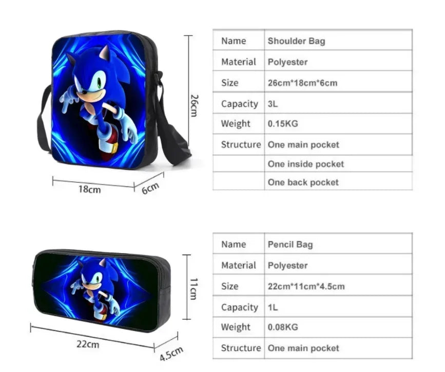 2026 New Arrival Sonic School Bag Lunch Bag Pencil Case Boys Girls Daily Use Book Cartoon Book Bags For Kids Christmas Gift