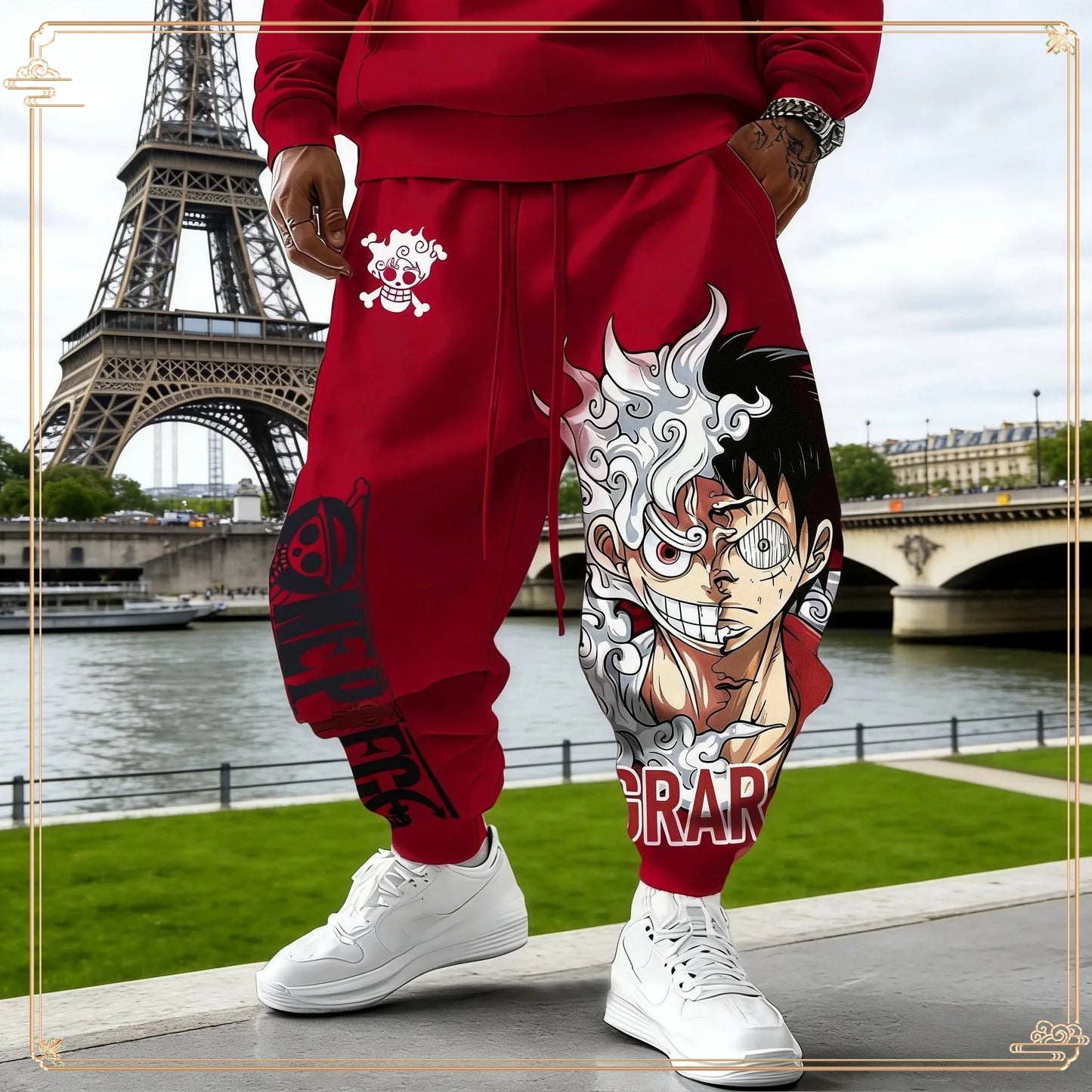 One Piece Luffy Gear 5 Hoodie Pants Set Red Cotton Tracksuit with Character Print on Hoodie Front Pant Side Loose Fit Two Piece