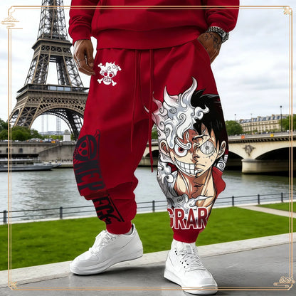 One Piece Luffy Gear 5 Hoodie Pants Set Red Cotton Tracksuit with Character Print on Hoodie Front Pant Side Loose Fit Two Piece