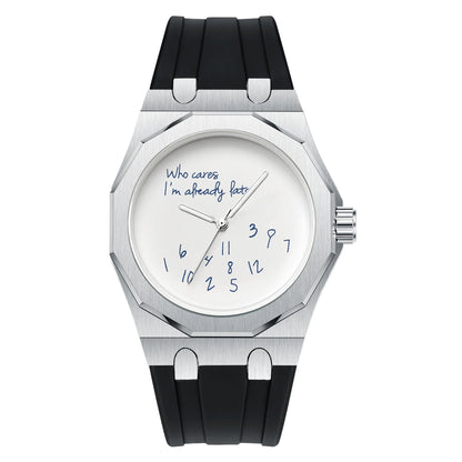 Orologio da uomo di lusso con cassa ottagonale e cinturino in silicone, impermeabile, dotato di un quadrante che riporta lo slogan umoristico «Who Cares I'm Already Late» (E allora? Sono già in ritardo).