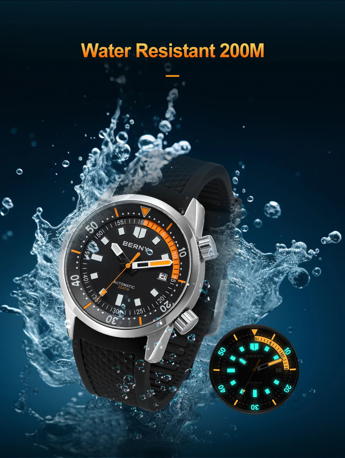 Relógio de mergulho BERNY para homem, automático mecânico, 200M impermeável, superluminoso, 42mm, safira, para natação e mergulho