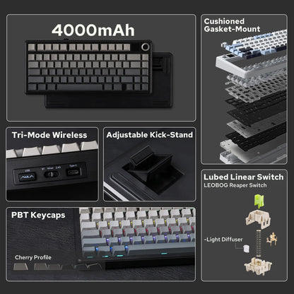 EPOMAKER X AULA F75 MAX kompakte mechanische Tastatur im 75-%-ANSI-Layout, kabelgebunden/Bluetooth/2.4GHz kabellos, mit TFT-Bildschirm und Drehregler
