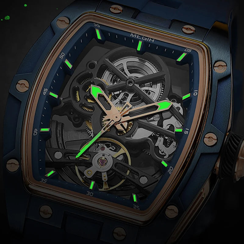 MEGIR MG-2242G Men’s Automatic Mechanical Watch  Skeleton Barrel Case, Luminous Hands & Silicone Strap