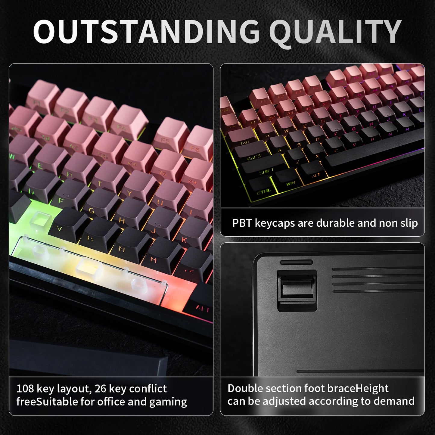V108 Pro Bluetooth-Tastatur Büro, geräuscharm, 2.4G kabelgebunden & kabellos, vollständiges Layout mit RGB-beleuchteter Membran