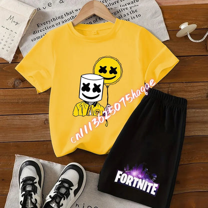 Completo estivo Fortnite con T-shirt e shorts per bambini e bambine, set 2 pezzi, abbigliamento bambino con top, T-shirt e pantaloncini, stampa Fortress Night, idea regalo