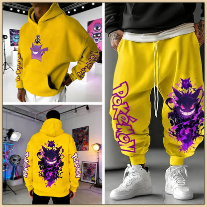 Black Hoodie and Pants Set with Pokemon Character Print Sleeve and Side Text Streetwear Anime Tracksuit for Men Unisex Casual