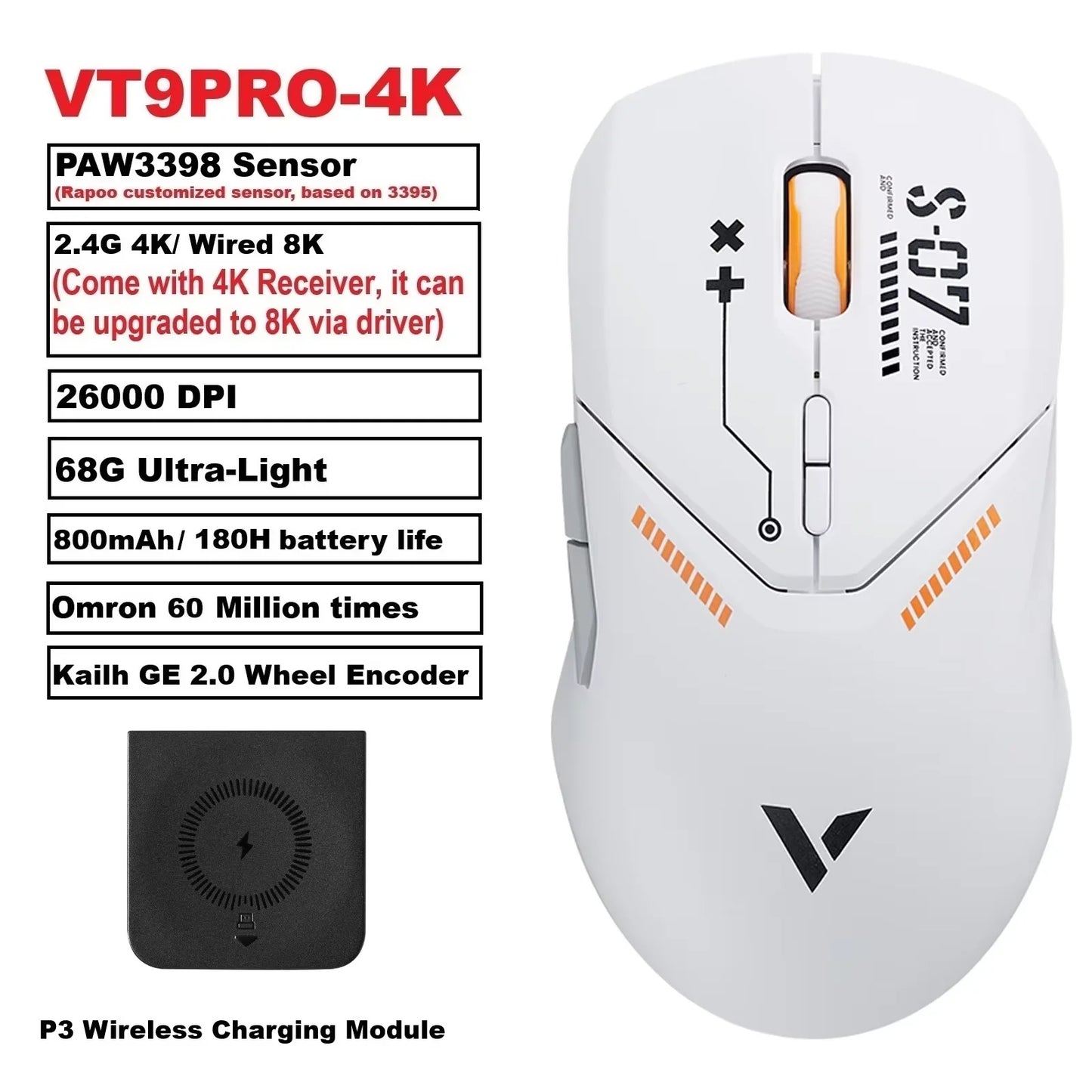 Rapoo VT9PRO PAW3398 безжична геймърска мишка 68g, кабелна, програмируема, ергономична, 26000DPI, презареждаема чрез Type C, аксесоар за PC геймъри