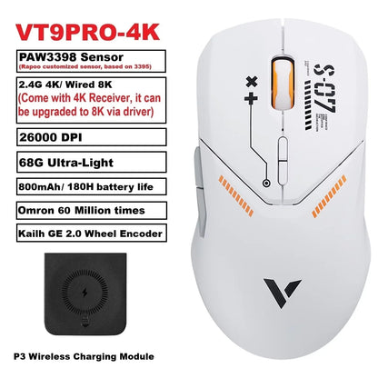 Rapoo VT9PRO PAW3398 безжична геймърска мишка 68g, кабелна, програмируема, ергономична, 26000DPI, презареждаема чрез Type C, аксесоар за PC геймъри