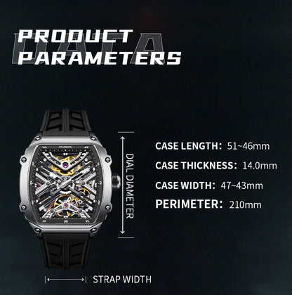 STARKING Men's Waterproof Sports Mechanical Watch, Wear-resistant Silicone Strap, Automatic, Luminous Tonneau Luxury Design