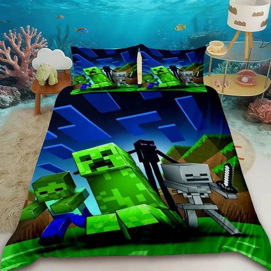 Cartoon Children Duvet Cover Minecraft Cartoon Quilt Cover Bedding Set Queen King Full Size with 1/2 Pillocase Bedroom