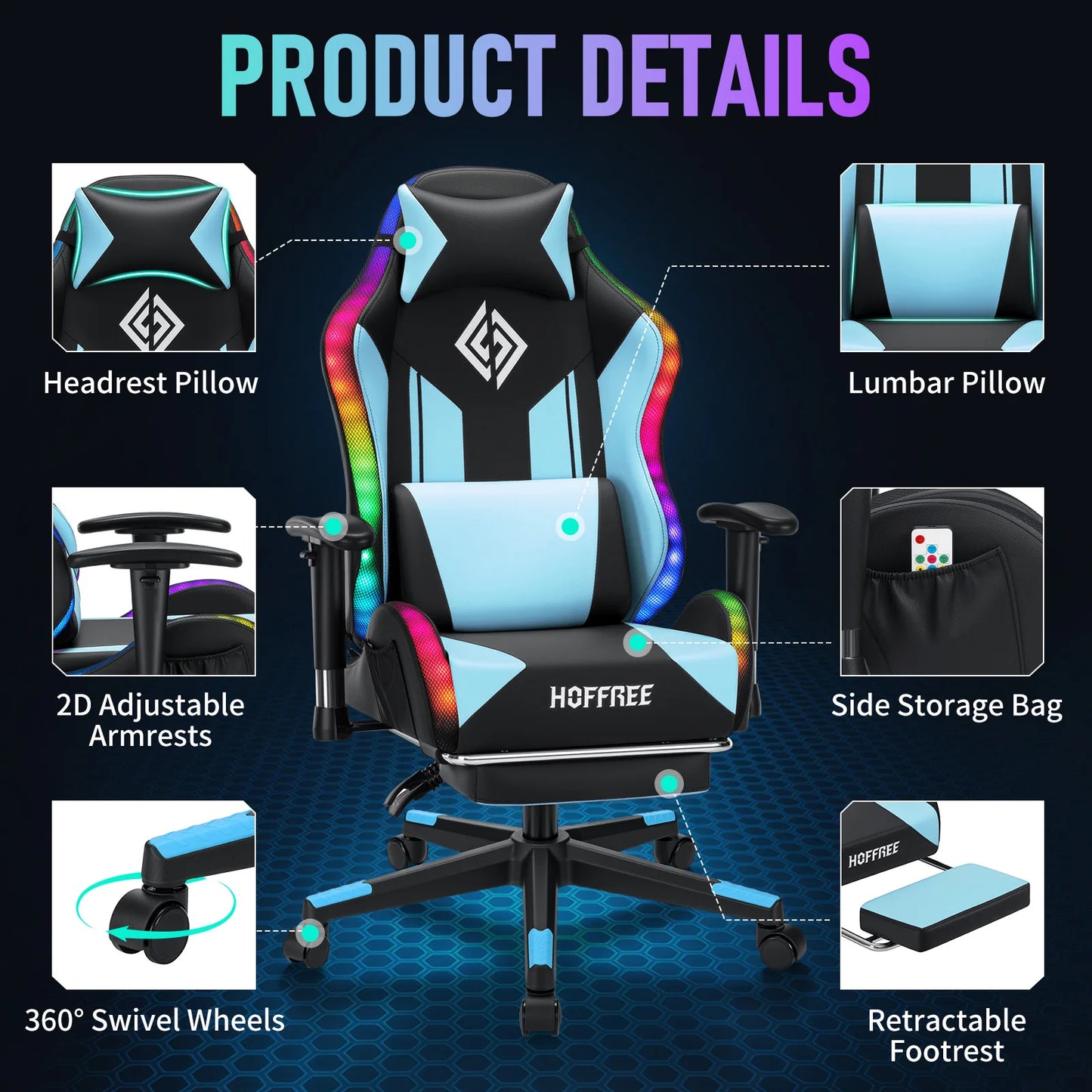 250Lbs Load LED Gaming Chair for Children 8-15Years, Adjustable Gamer Chair with LED Lighting, Footrest & Lumbar Support