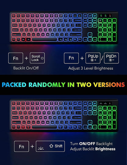 Kabellose Tastatur-Maus-Kombination mit RGB-Hintergrundbeleuchtung, wiederaufladbaren beleuchteten Tasten, Full-Size-Format, ergonomischem Design, Schlafmodus, 2.4GHz