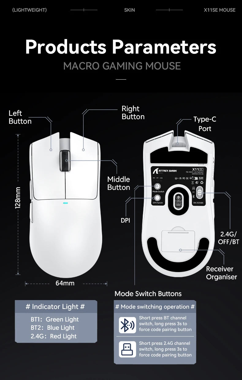 Mouse gaming wireless ATTACK SHARK X11SE, tri-mode, superleggero 63g con sensore PAW3311, 22000 DPI, batteria 300mAh, doppio driver