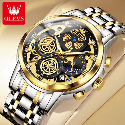 OLEVS men’s watch – Luxury model, water-resistant, quartz, skeletonised style, 24-hour display (day/night), gold colour
