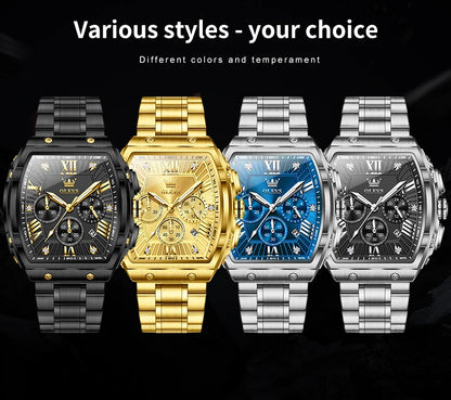 OLEVS New Design Tonneau Watch Men Luminous Waterproof Date Stainless Steel Chronograph Quartz Watches for Men Relogio Masculino