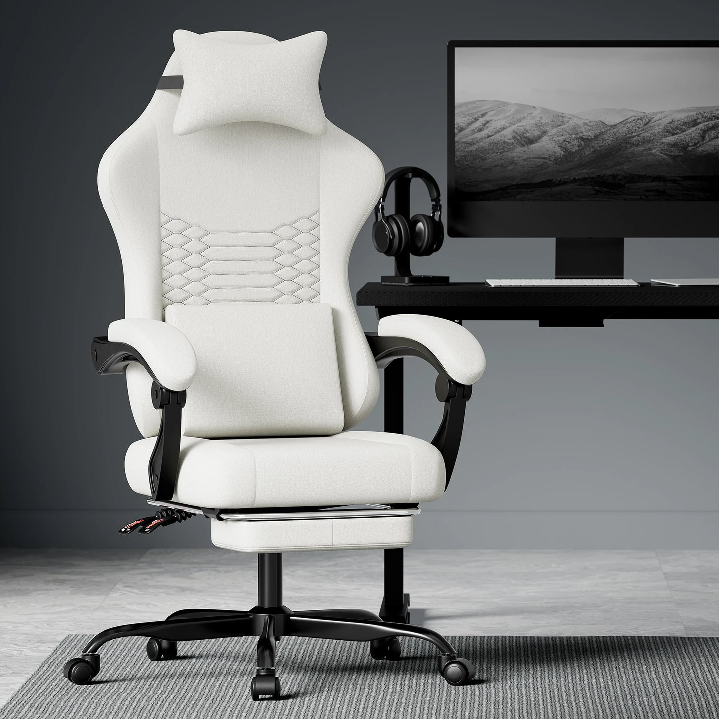 Dark Gray Fabric Gaming Chair, Massage Office Chair with Headrest, Ergonomic Racing Design, Adjustable Footrest, for PC Gamers