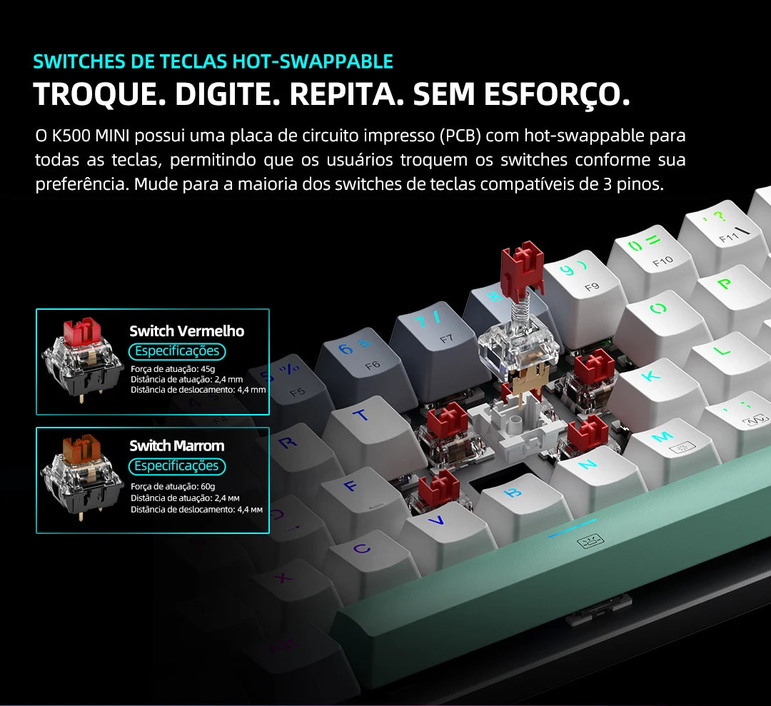Teclado Mecânico Mini Machenike K500-B61 60% Layout ABNT2, Retroiluminação RGB, Hot-swappable, NKRO, Teclado Gaming com Fios para PC Gamer