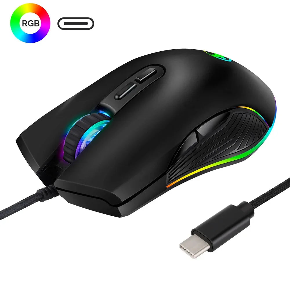 Type-C Hub Wired Mouse Optical Gaming Mouse RGB 4 Backlight Computer Mouse 3200DPI for Apple MacBook Pro Matebook X Any Device