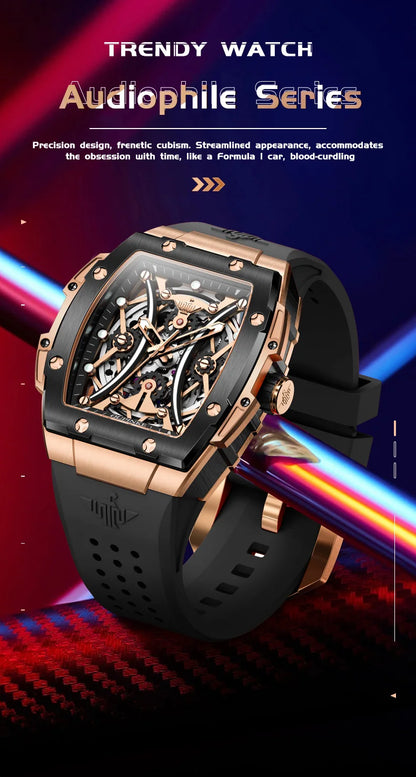 OUPINKE Men's Watches Classic Luxury Tonneau Dial Top Brand Original Automatic Mechanical Wristwatch Silicone Strap Sapphire New