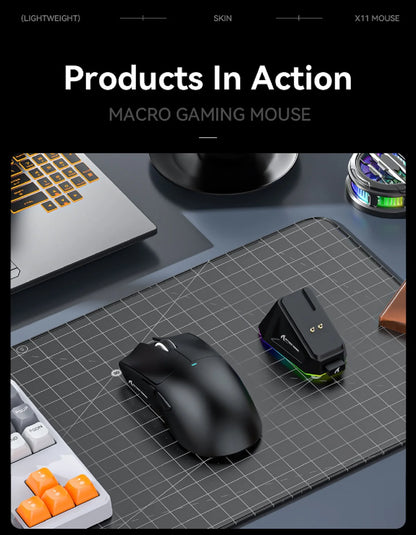 Attack Shark X11&R1 -kolmitilainen Bluetooth-langaton hiiri latausalustalla, RGB-valaistus, ergonominen ja kevyt PC-pelitarvike