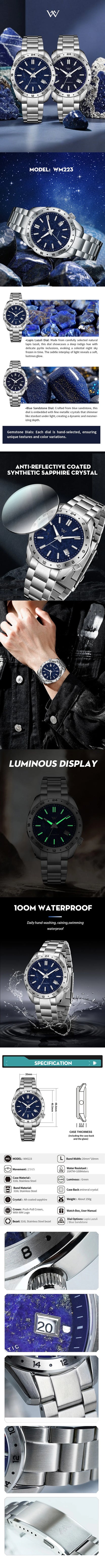 WM Watch Automatic Mechanical 2565  Watches Lapis Lazuli/Blue Sandstone Dial Waterproof AR Coated 100M Welly Merck Watch 223M