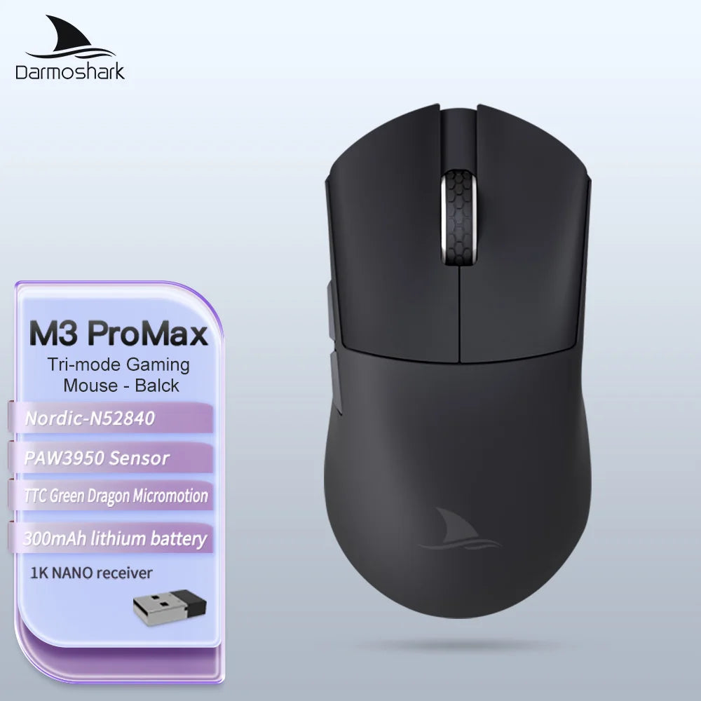 Rato Gaming Darmoshark M3Pro 2.4G BT sem fios Tri-Mode, sensor PAW3395, N52840, 26000DPI, rato com driver macro para mãos grandes e gaming