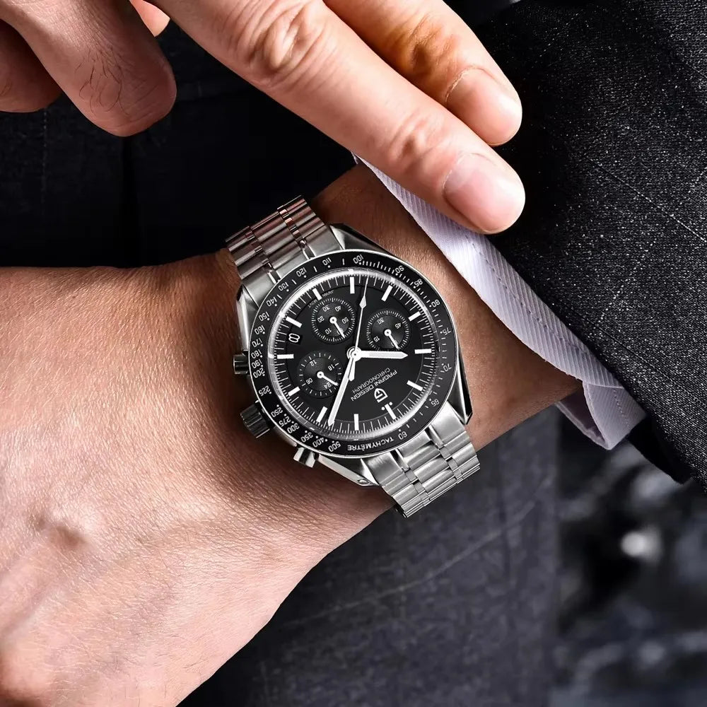 „PAGANI DESIGN Moon“ laikrodis – prabangus vyriškas kvarcinis chronografas, sportinio stiliaus, safyro stiklas su antirefleksine danga, švytintis ekranas