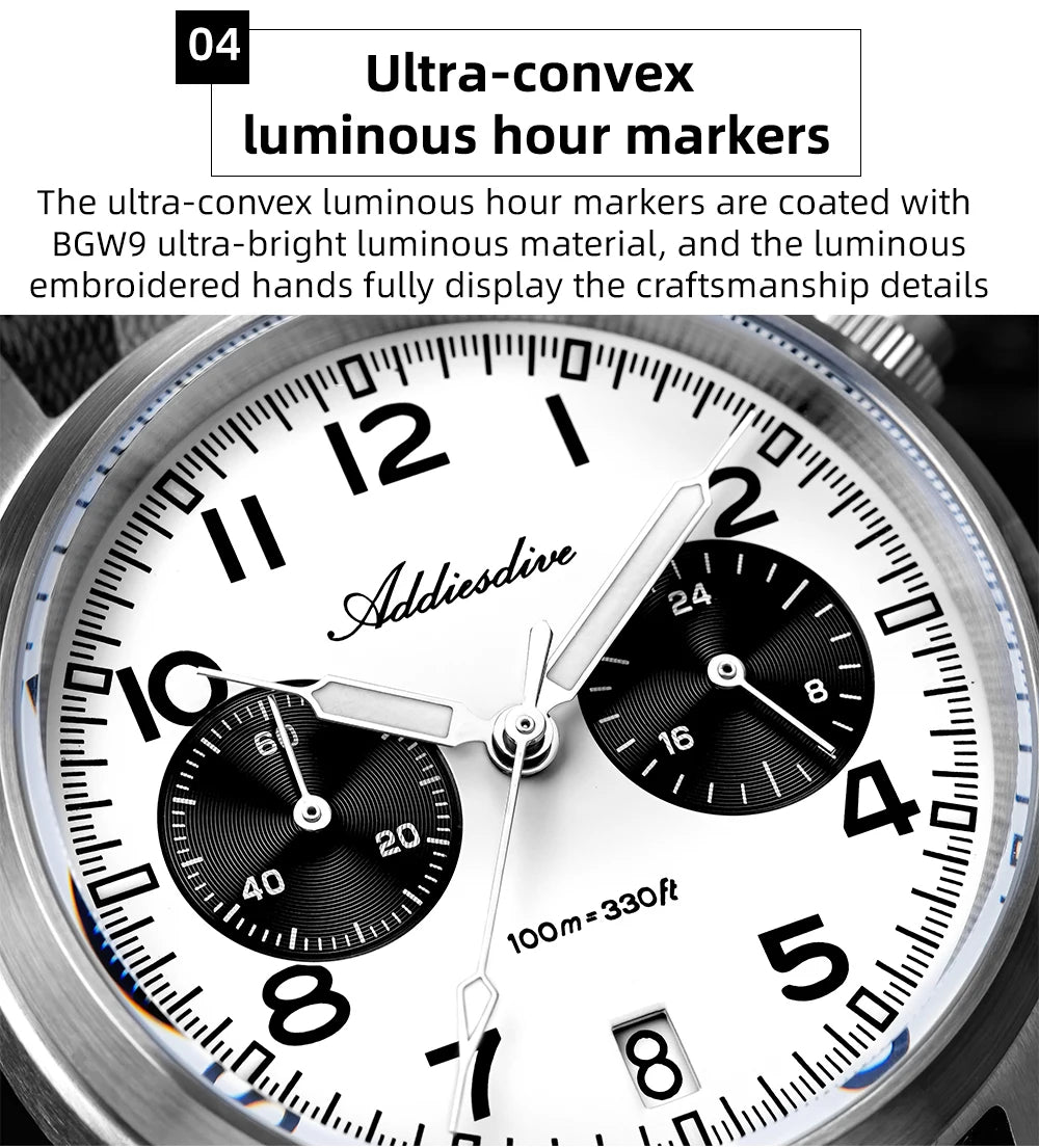 ADDIESDIVE 2025 neue Panda Eye Herrenuhr, Retro-Luxus, VK64 Quarzuhr für Herren, Sport-Chronograph, 100M wasserdicht, leuchtend