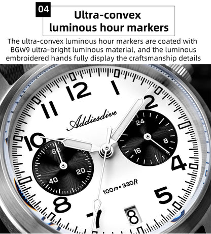 ADDIESDIVE 2025 neue Panda Eye Herrenuhr, Retro-Luxus, VK64 Quarzuhr für Herren, Sport-Chronograph, 100M wasserdicht, leuchtend