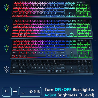 Kabellose Tastatur-Maus-Kombination mit RGB-Hintergrundbeleuchtung, wiederaufladbaren beleuchteten Tasten, Full-Size-Format, ergonomischem Design, Schlafmodus, 2.4GHz