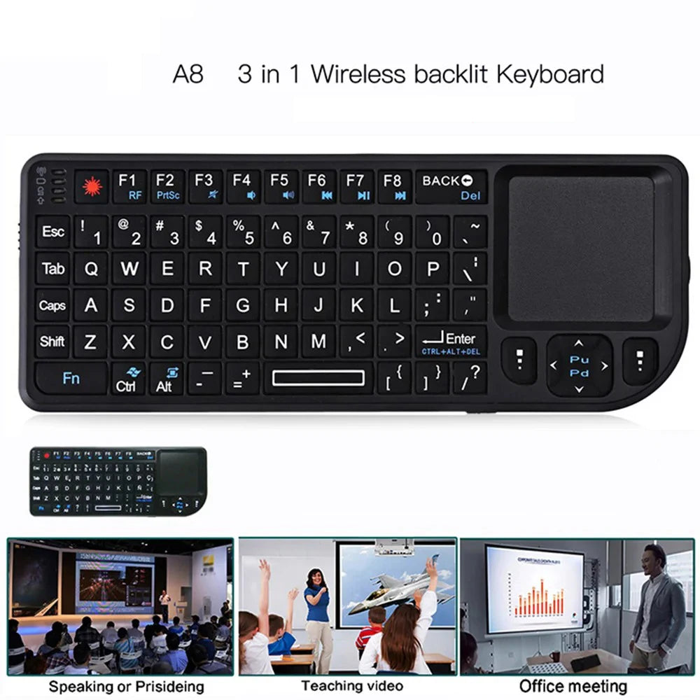 Teclado sem Fios A8 Mini 2.4G com Retroiluminação em 7 Cores, 3 em 1, Teclado Portátil com Touchpad e Air Mouse para Android TV Box, PC e Tablet