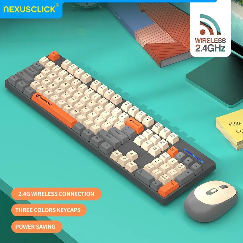 NexusClick kabelloses Gaming- und Office-Tastatur-Maus-Set, intelligente Energiesparfunktion, Full Size, 104 Tasten, 1600DPI einstellbar, USB für Laptop und PC