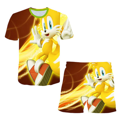 2026 Sonic The Hedgehog 3D T-shirt Set for Boys and Girls: Cute Summer Top + Shorts - Children's Short-Sleeve Birthday Gift