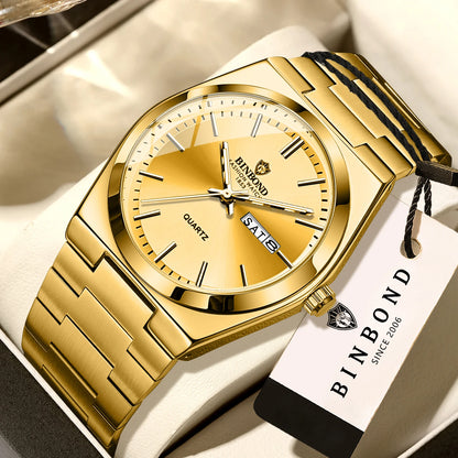 Reloj de pulsera de cuarzo de lujo BINBOND, luminiscente, resistente al agua, con indicación del día de la semana y fecha automática, correa de acero, estilo ejecutivo, deportivo, moderno y desenfadado.