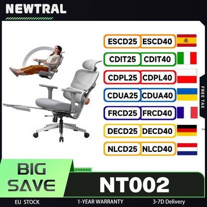 NEWTRAL NT002 Ergonomic Chair, Adaptive Lower Back Support, Adjustable Armrest Headrest Footrest, Gray, Cushioned 4D Armrest