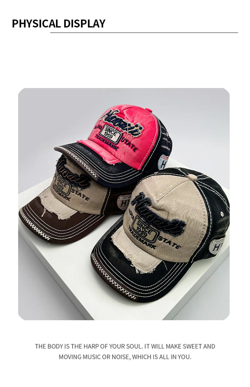 Koreanische Vintage-Waschung Baseballcaps für Herren und Damen aus Baumwolle, Snapback-Caps mit Stickerei, neue vielseitige Mode-Lettering-Freizeitcaps im Distressed-Look