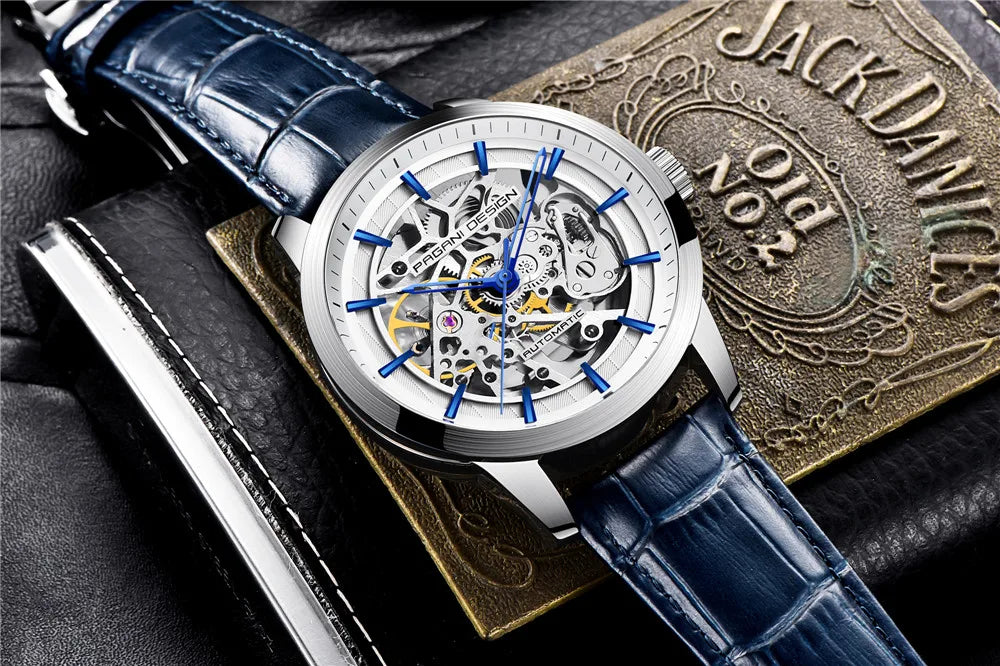 PAGANI DESIGN 2026 New Skeleton Men's Mechanical Watches Top Luxury Automatic Watch Men Blue Leather Waterproof Wrist watch Men