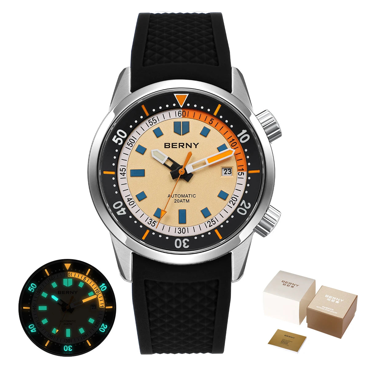 Relógio de mergulho BERNY para homem, automático mecânico, 200M impermeável, superluminoso, 42mm, safira, para natação e mergulho
