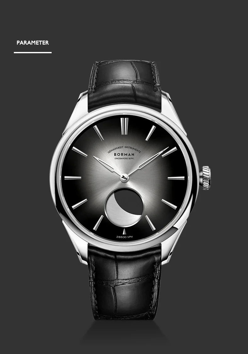 Borman Men's Automatic Watches, Luxury Moon Phase Mechanical Wristwatch, Fashionable 50M Waterproof with Sapphire Leather Strap