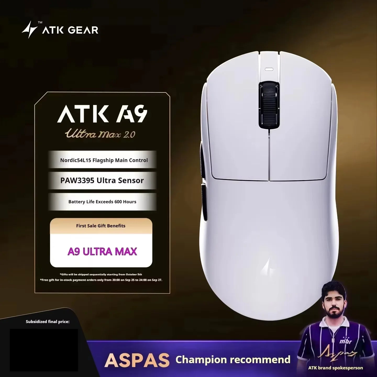 ATK A9 bezdrôtová herná myš s technológiou NearLink, ergonomická PAW3395, trojrežimová Bluetooth myš s nízkou latenciou pre e-šport a PC