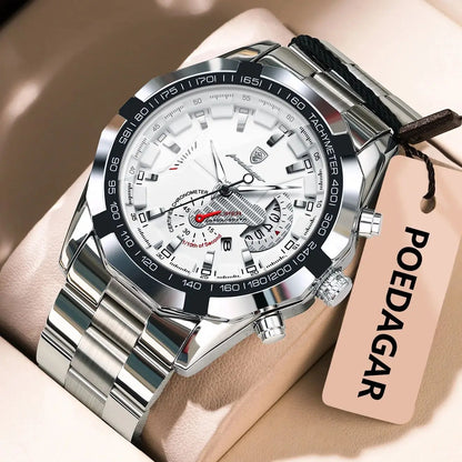 POEDAGAR luxury men’s watch, water-resistant, luminous, date display, sporty, stainless steel bracelet, quartz movement.