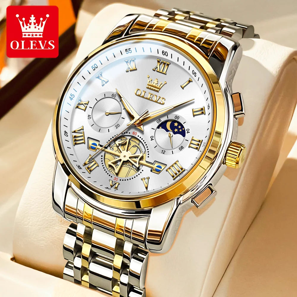 Reloj para hombre OLEVS 2859: modelo clásico y lujoso con números romanos, multifunción, resistente al agua, esfera luminiscente y mecanismo de cuarzo de alta calidad.
