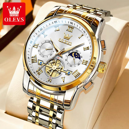 Reloj para hombre OLEVS 2859: modelo clásico y lujoso con números romanos, multifunción, resistente al agua, esfera luminiscente y mecanismo de cuarzo de alta calidad.