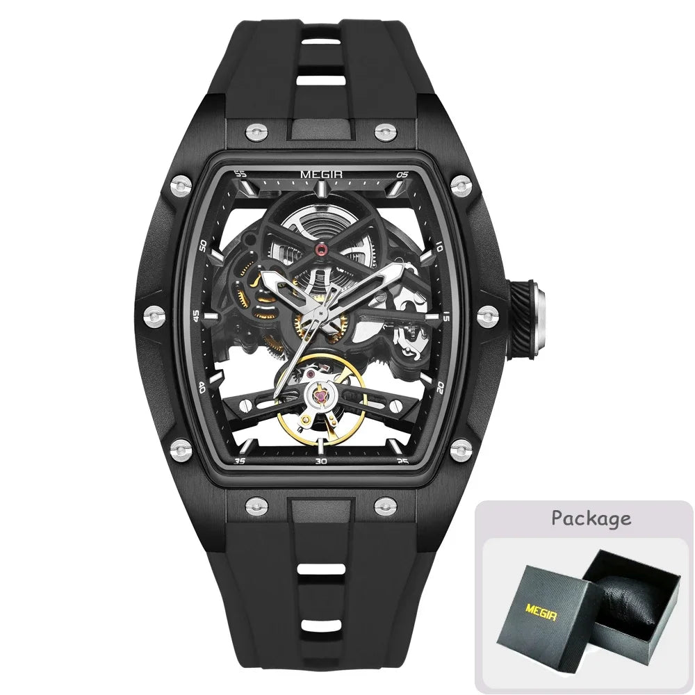 MEGIR MG-2242G Men’s Automatic Mechanical Watch  Skeleton Barrel Case, Luminous Hands & Silicone Strap